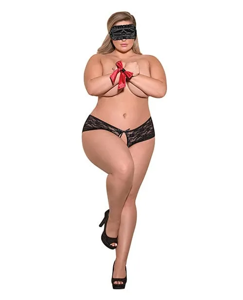 Teddies And Bodies Magic Moments Intl Love Bondage Split Back Lace Booty Short Blindfold Wrist Ties Black One Size Fits Most Plus Size