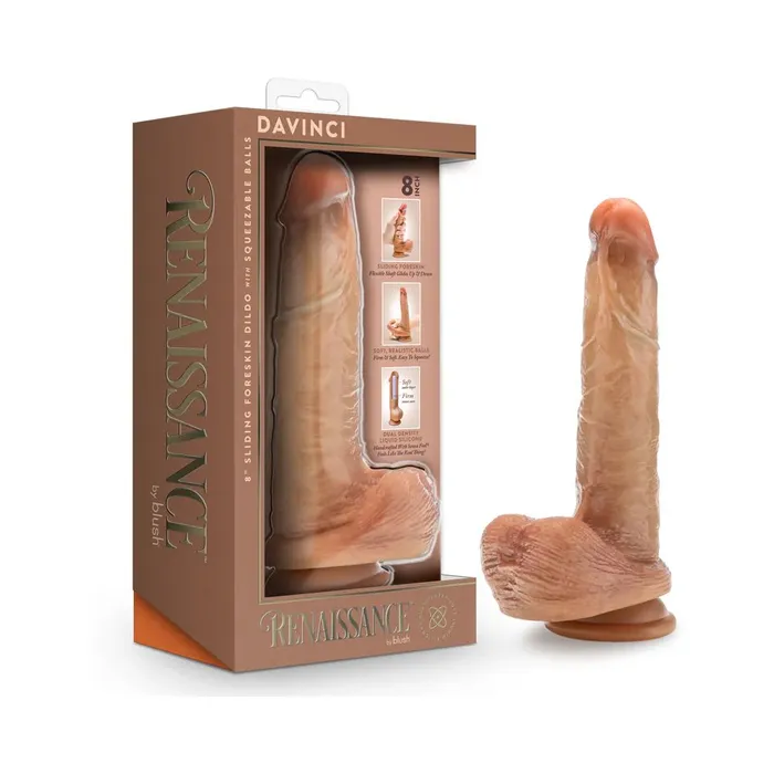 DaVinci Ultra Realistic 8 Inch Silicone Dildo with Sliding Foreskin Caramel Blush Female Sex Toys