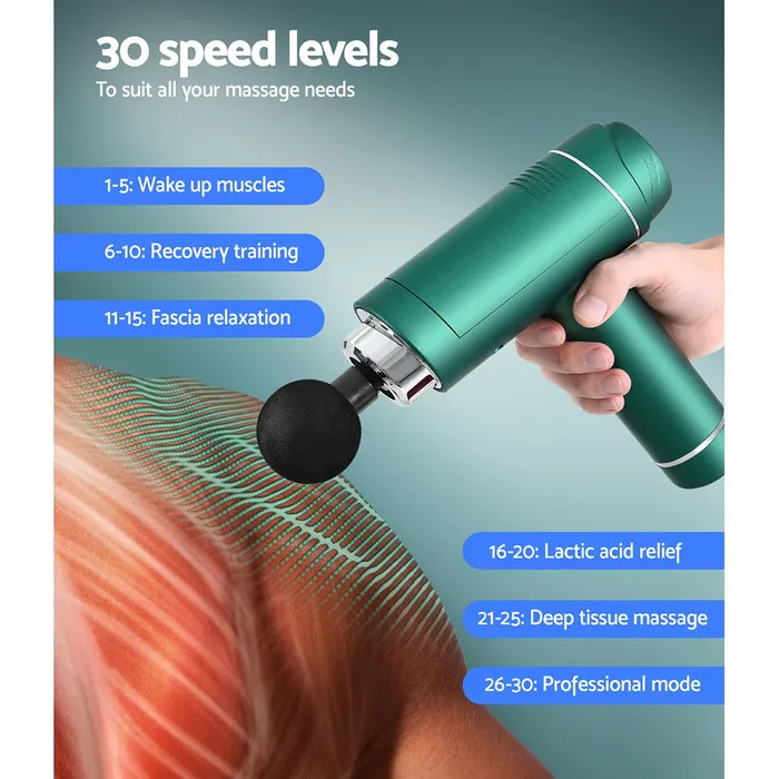 ShhhSof Everfit 30 Speed Massage Gun 6 Head Vibration Muscle Massager Percussion Relief Green Vibrators