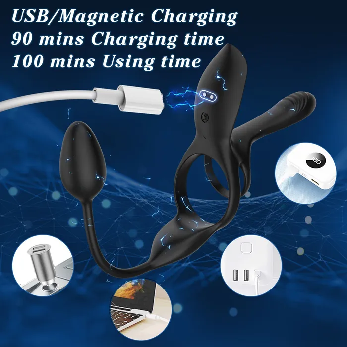VelvetEth Vibrating Cock Ring with Anal Plug KERERO Male Sex Toys